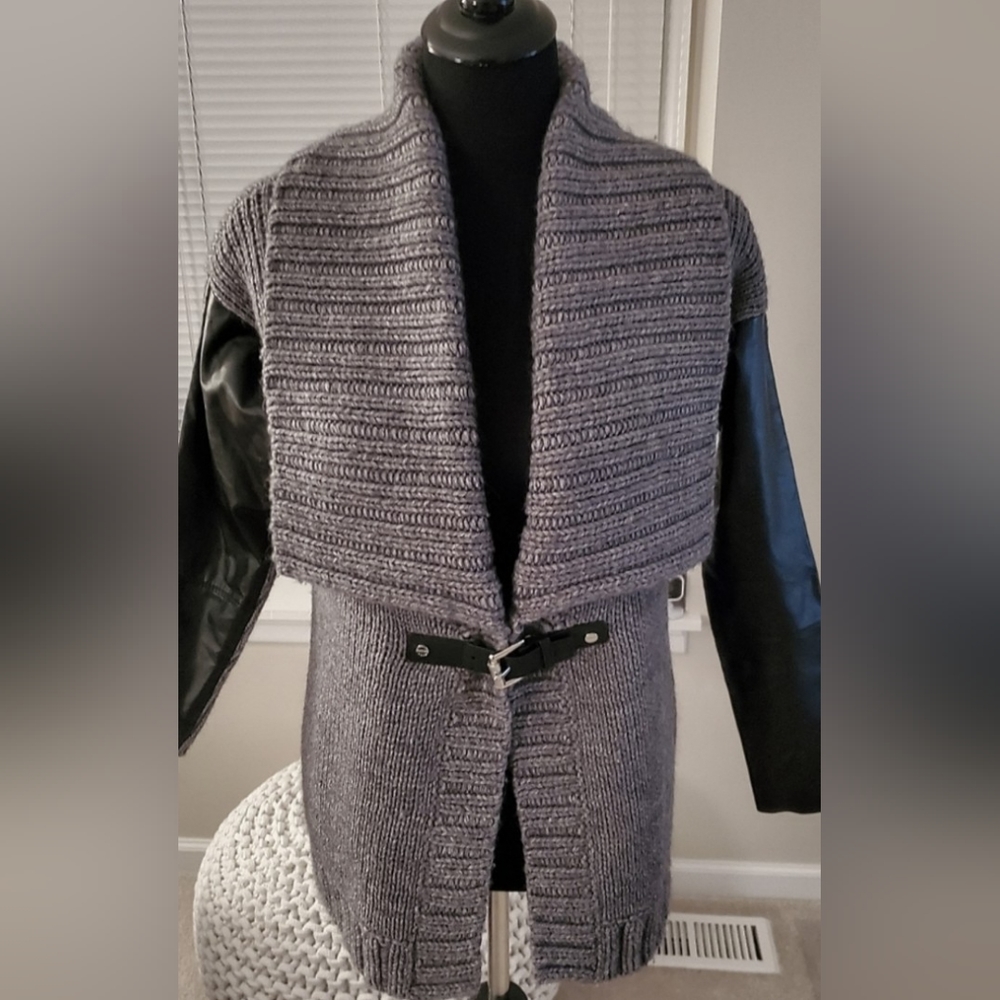 Michael Kors MK Jacket Sweater Coat Alpaca Faux Leather Gray Chunky Knit Ribbed